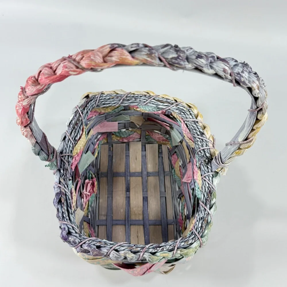 VTG Woven Basket w/ Handle 80's Pastel Multicolor Easter Cottagecore 11